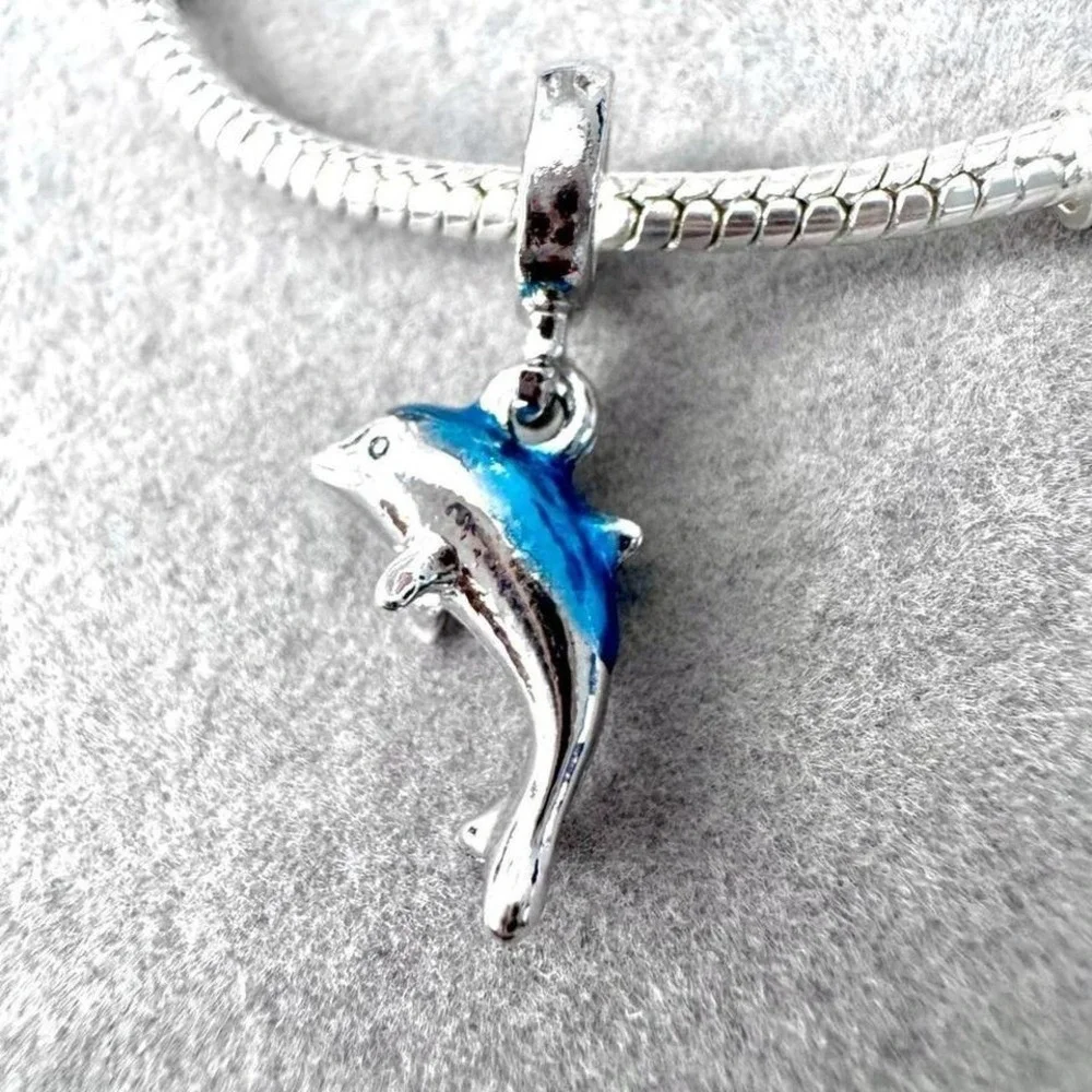 Dolphin Charm Bead Silver Tone Blue Enamel For Pandora Style Bracelets